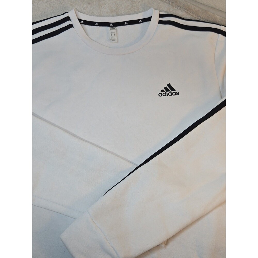 adidas White Primegreen Fleece Pullover Men's Small Striped Logo Crew Neck